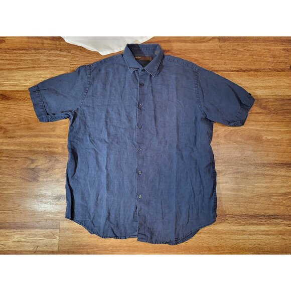 Perry Ellis Men’s Large 100% Linen Button Up Shirt Short Sleeve Navy Blue - Picture 1 of 6